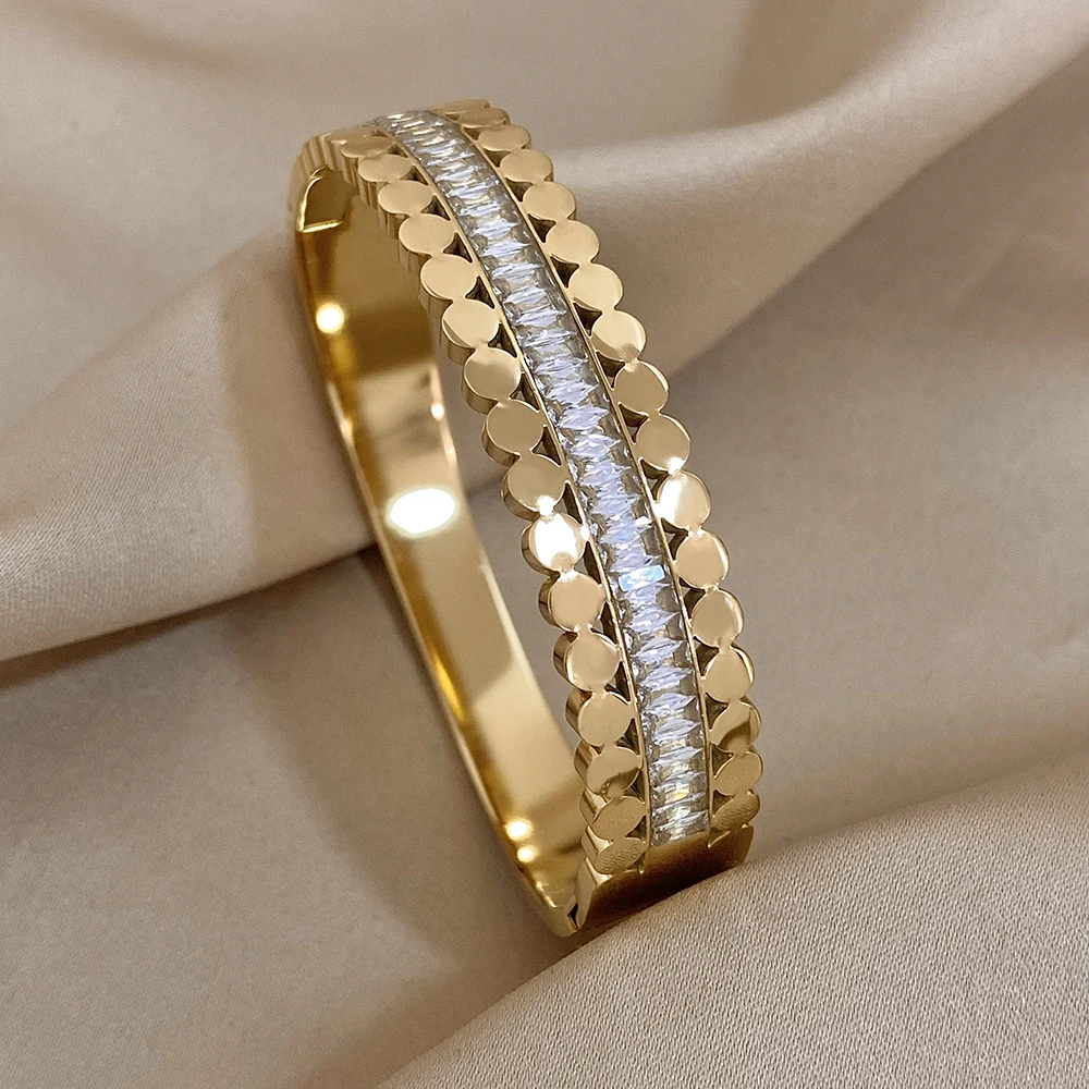Greatera Chunky Gold Plated Stainless Steel White Cubic Zirconia Cuff Bracelet Bangle for Women Waterproof Charm Jewelry