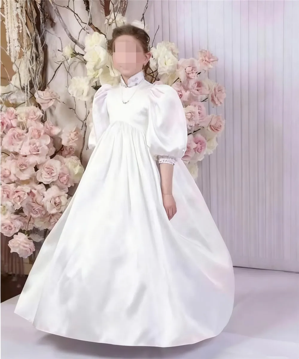 

Customized Elegant White Flower Girl Wedding Dress Satin Puff Sleeve High Neck Princess Birthday Party First Communion Ball Gown