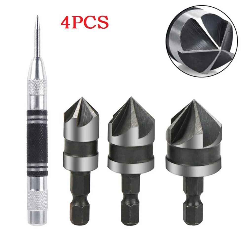 Mata bor Countersink 90 derajat, alat pertukangan 12/16/19mm 5 seruling kayu pemotong Chamfer 4 buah