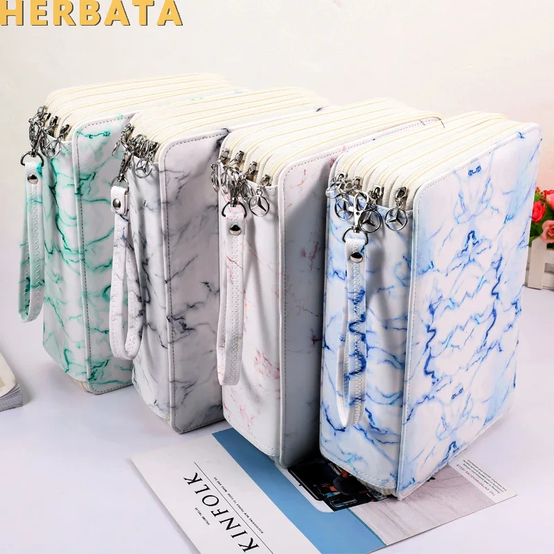 Creative Marble Pattern 216 Slot Portable Pencil Case Holder 4 Layers Zipper Large Capacity Leather Stationery Art Supplies