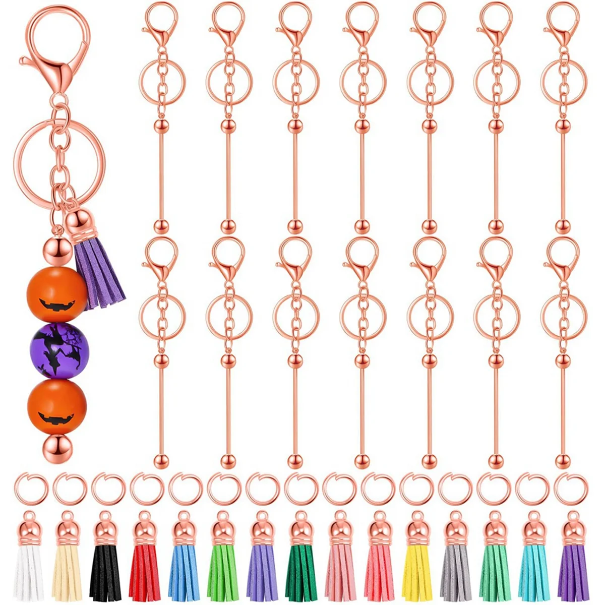 15 Pcs Beadable Keychain Bar Metal Blank Keychain with 15 Pcs Leather Tassel for DIY Bead Keychain Supplies,Rose Gold