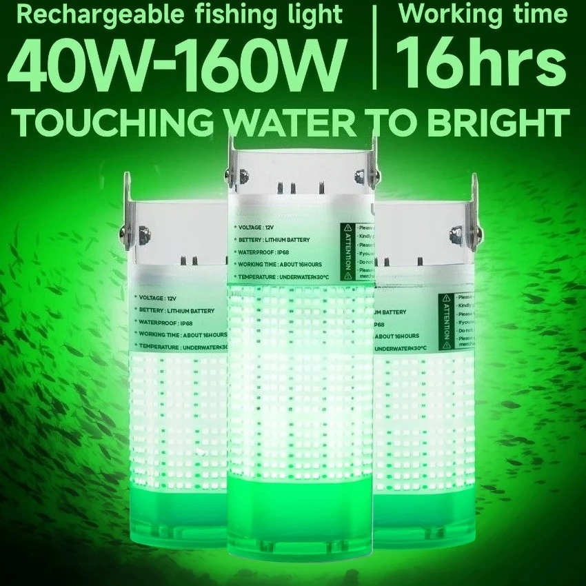 12V Green LED Underwater Fishing Light 360 Degree View 40W-160W Rechargeable Portable Submersible Lamp For Night Fishing
