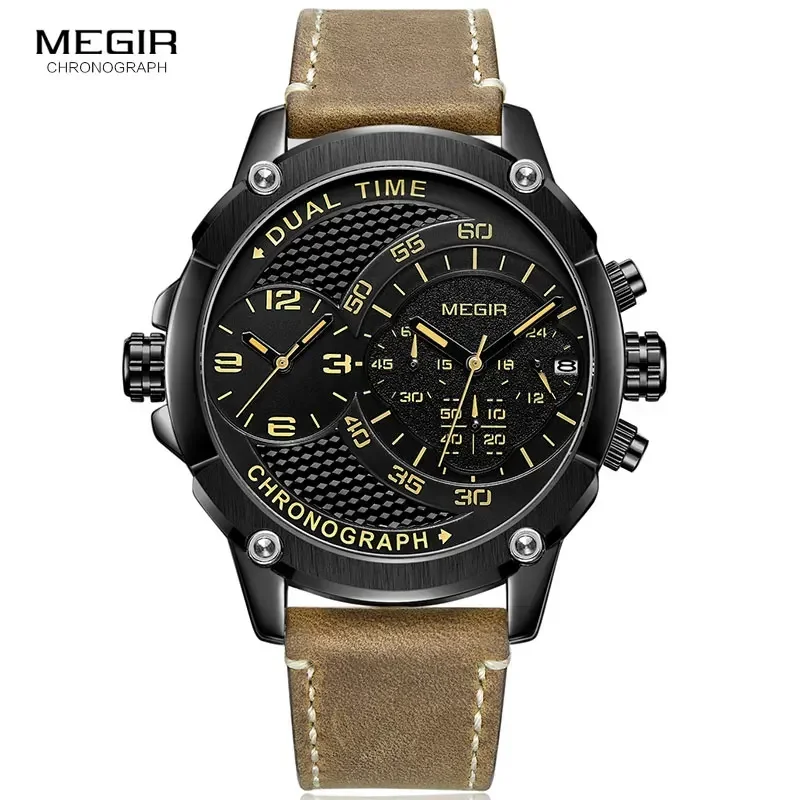 MEGIR Heren Dubbele Tijdzone Chronograaf Quartz Horloges Waterdicht Lichtgevende Lederen Band Leger Sport Horloge voor Man 2093G-BK