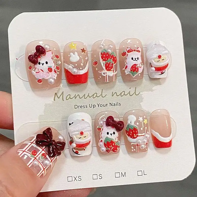 Christmas Santa Claus Cute Premium White Bow Short Strawberry Rabbit Nail Sticker Removable Nails Fake