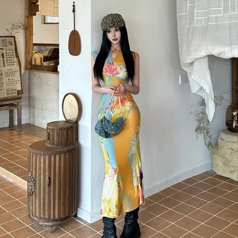 Modern Chinese Style Floral Qipao Dress for Women Reversible Mesh Tank Maxi Dress with Elegant National-Inspired Design Trendy