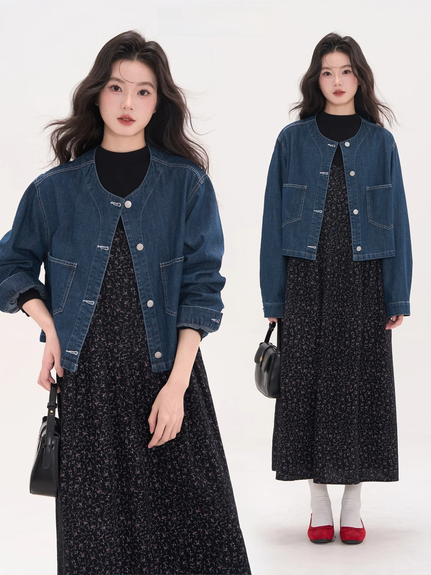 

Deep Blue Denim Jaet round Ne ort Women's Spring Autumn Heme Danube River Leisure Sle Cotton Retro Fit Coat