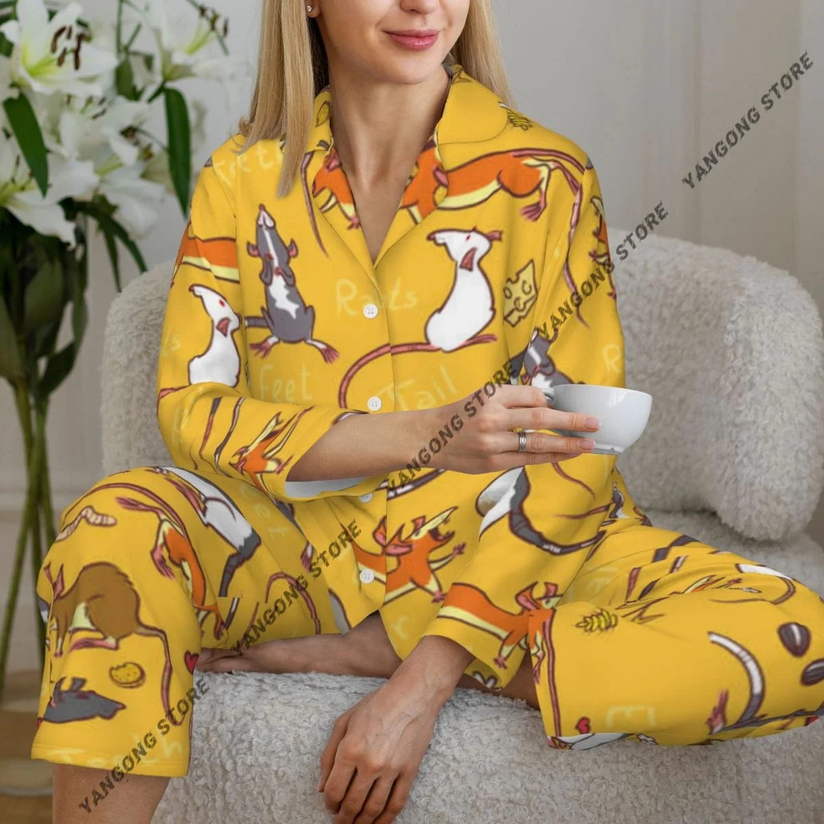 Spring and Autumn Long Sleeve Pants Pajamas Loungewear Set Cute Rats Women's Pull Edge Loose Sleeping Suit