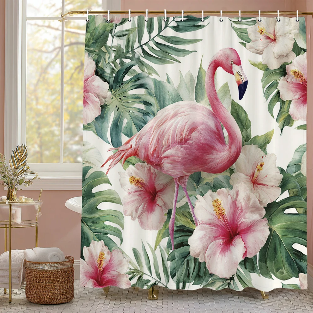 

Занавеска для душа с фламинго, цветочные ботанические тропические растения, декоративная занавеска для душа в стиле ар-деко для ванной комнаты, занавеска с принтом и крючками