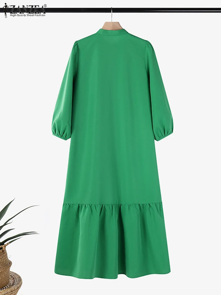 ZANZEA Puff Sleeve Elegant Maxi Dress 2025 Spring Solid Ruffled Hem Women Vestidos Stylish Loose Casual Stand Collar Shirt Dress