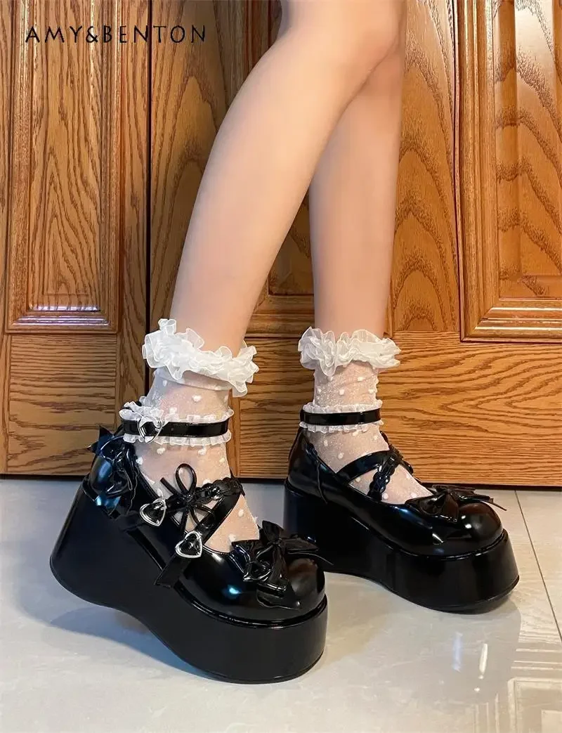 Sweet Cute Lolita High Heels Heavy Industry Bow Buckle Lace Stitching Round Toe Platform Heels Preppy Style Kawaii Women Shoes