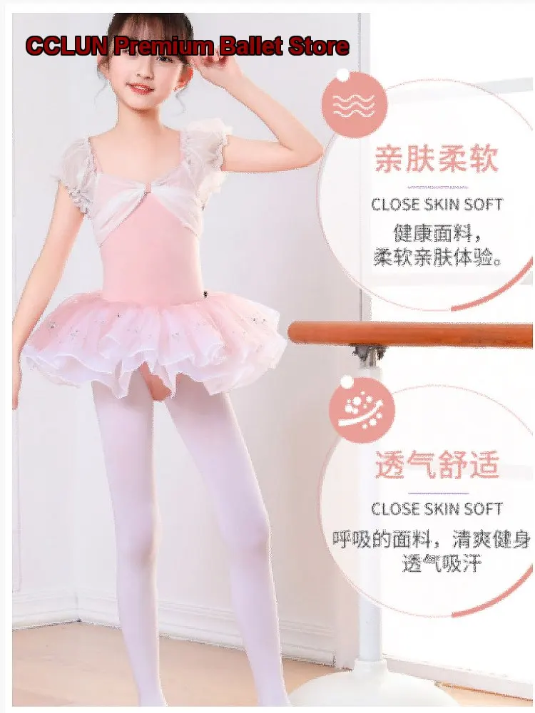 Girls' Summer Spaghetti Strap Chinese Dance Practice Gymnastics Open Crotch Short Skirt Princess Dress Short Sleeves Kids