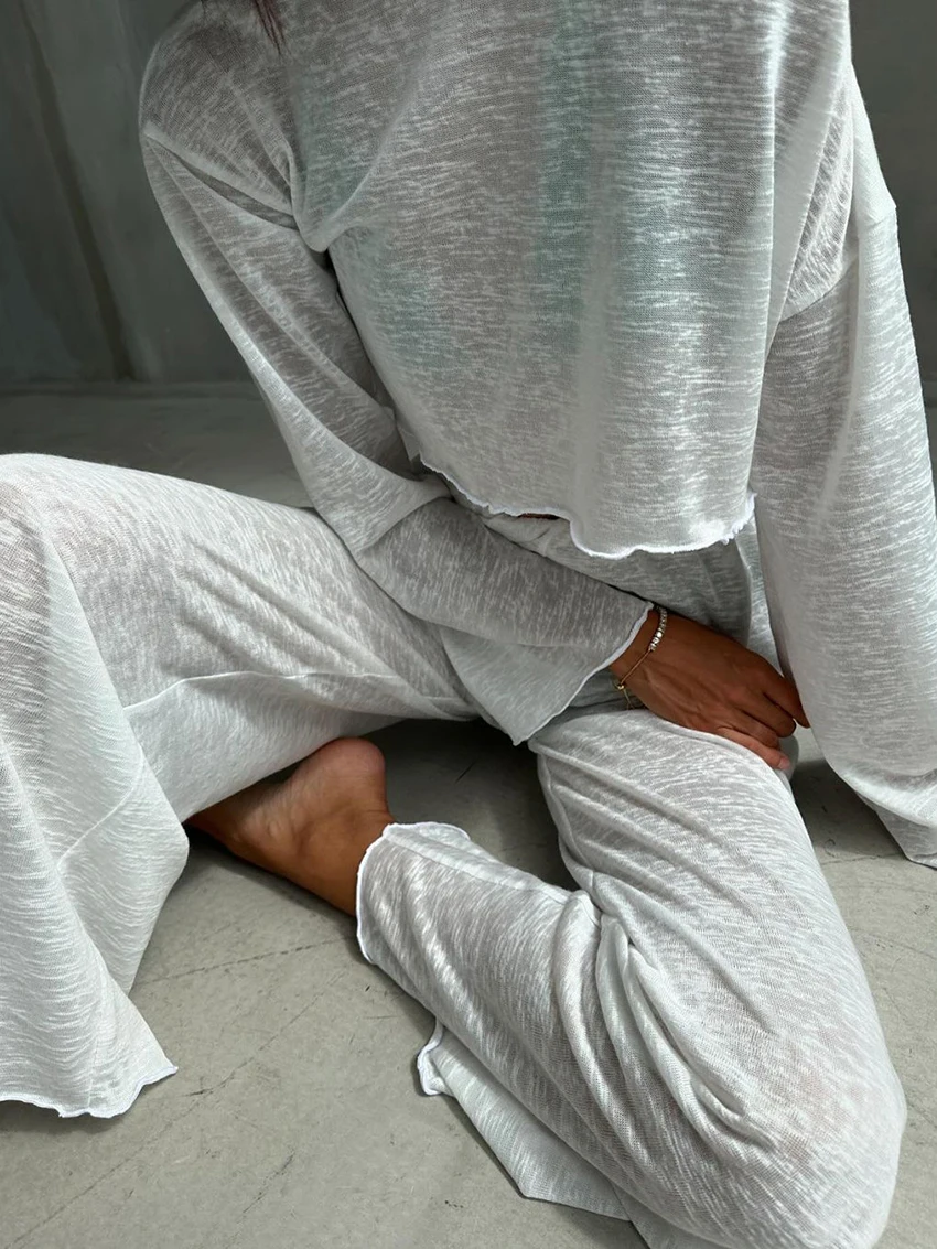Marthaqiqi Loose Women Pajamas Suit O-Neck Sleepwear Long Sleeve Nightgowns Crop Top Nightwear Pants Causal Ladies Home Clothes
