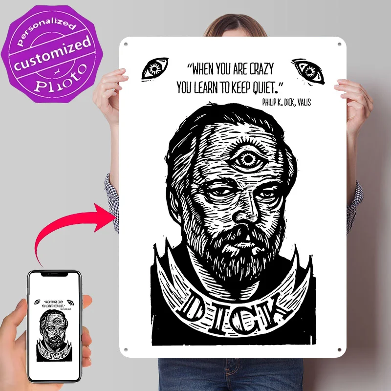 Philip K. Dick Third Eye Portrait 3D Texture Metal Poster Customized Wall Art Tin Sign Gift for Mancave Garage Accessories Bar