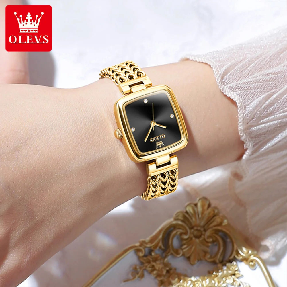 OLEVS Women Watches Elegant Quartz Wristwatch Stainless Steel Mesh Belt Gold Watch Square Dial Original Watch Bracelet Set Gift