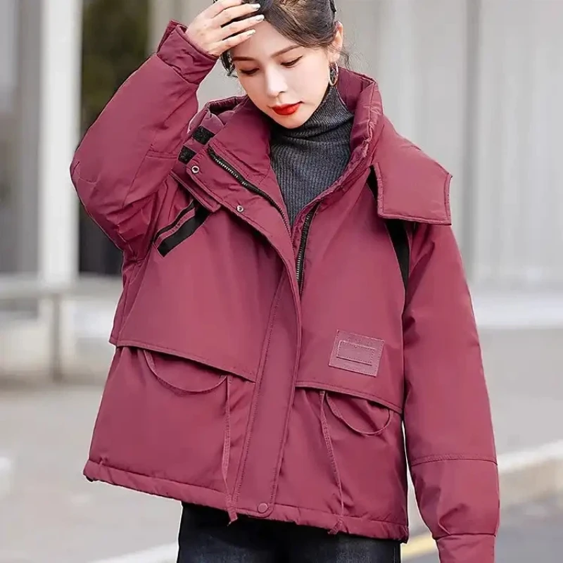 

Women Winter Thick Padded Jacket With Hood And Zipper Closure Casual Streetwear Style Loose Fit Short Length Solid Color Design