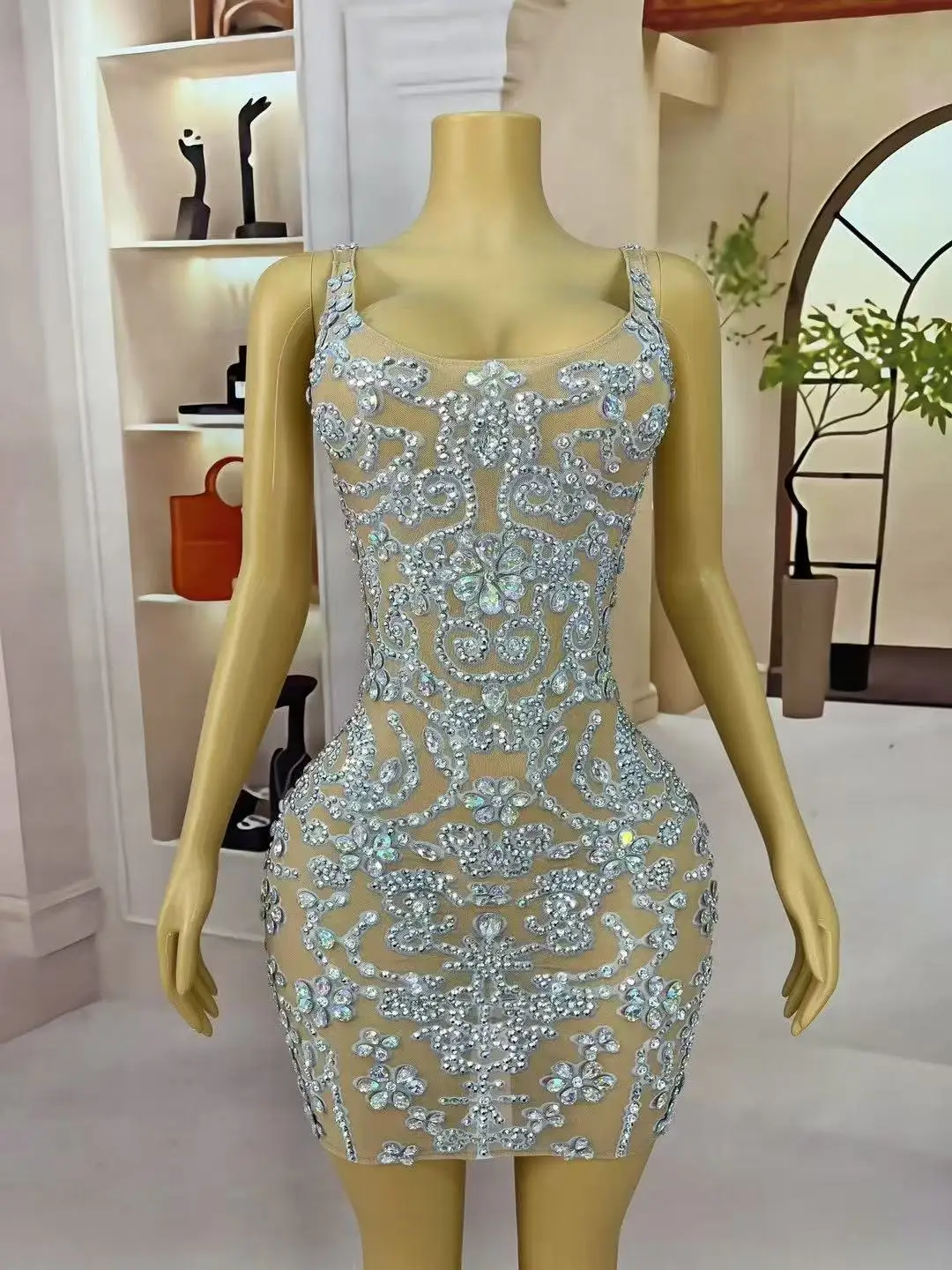 Seksowna scena elegancka impreza migające cyrkonie przezroczysta siateczka krótka sukienka wieczorowa urodziny świętuj strój kostium do sesji zdjęciowej