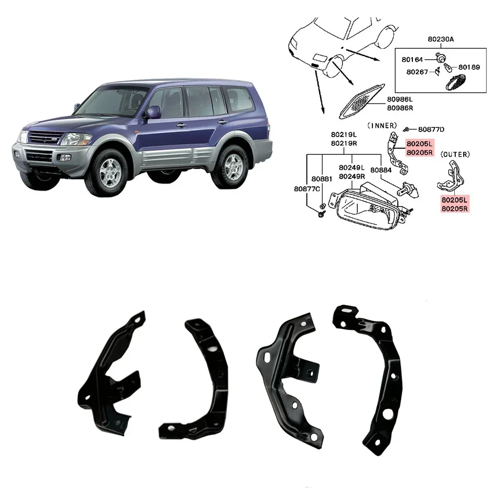 4 Piece Fog Lamp Support for Pajero V70 2000-2002 Fog Light Bracket for Montero Front Bumper Lamp Bracket MR416409 MR416410