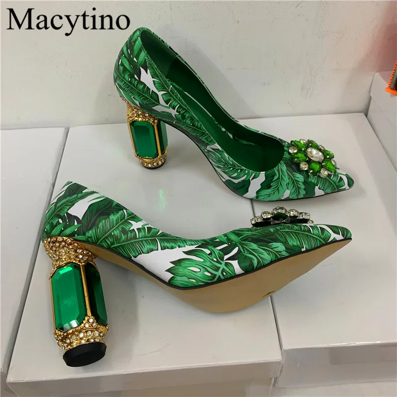 2024 New Arrival Print Design Ladies High Heel Shoes Pointed Toe Chunky Heel Diamond Heel Fashion Party High Heels