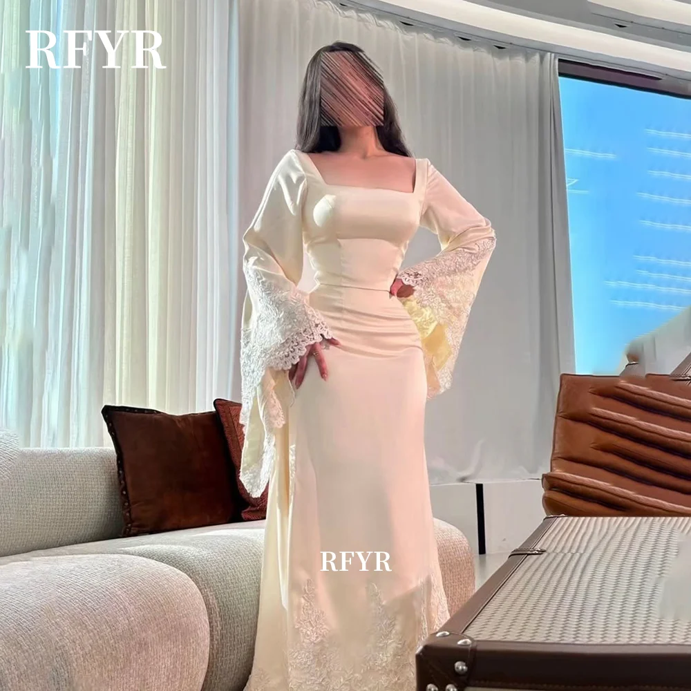 

RFYR Flare Sleeve Prom Dress with Lace A Line Evening Dress Square Neck Party Princess Dress for Arabic Women Customized