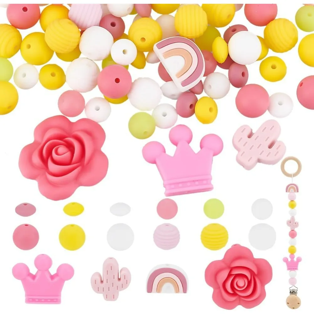 100pcs Silicone Loose Beads 16 Style Silicone Flower Rainbow Cactus Round Rubber Beads Bulk Polygonal Assorted