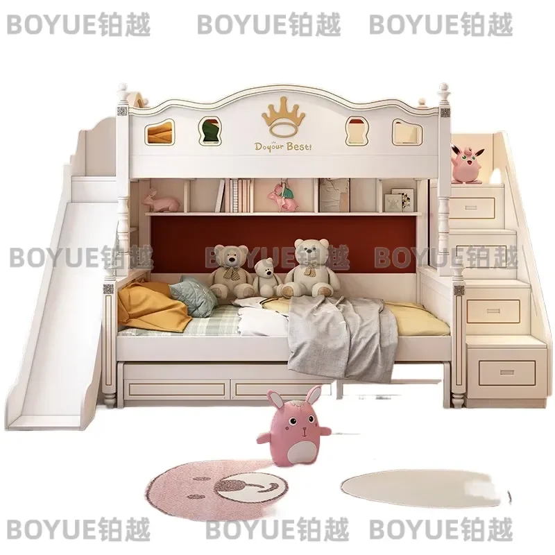 Solid Wood Bunk Bed with Slide for Kids Two Layer Loft Bed Space Saving High Low Double Deck Mother Child Furniture Small