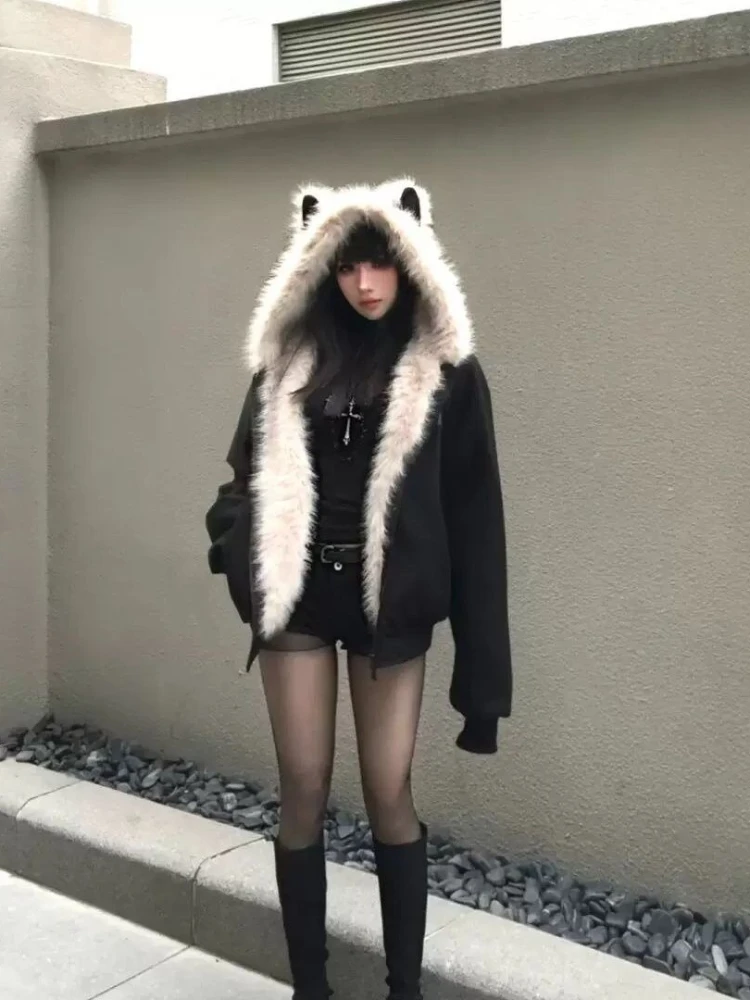 Y2k الأمريكية خمر سترات طويلة الأكمام مقنعين المرأة آذان القط عادية معطف لون نقي فو الفراء طوق الشارع الشهير 2025 الخريف