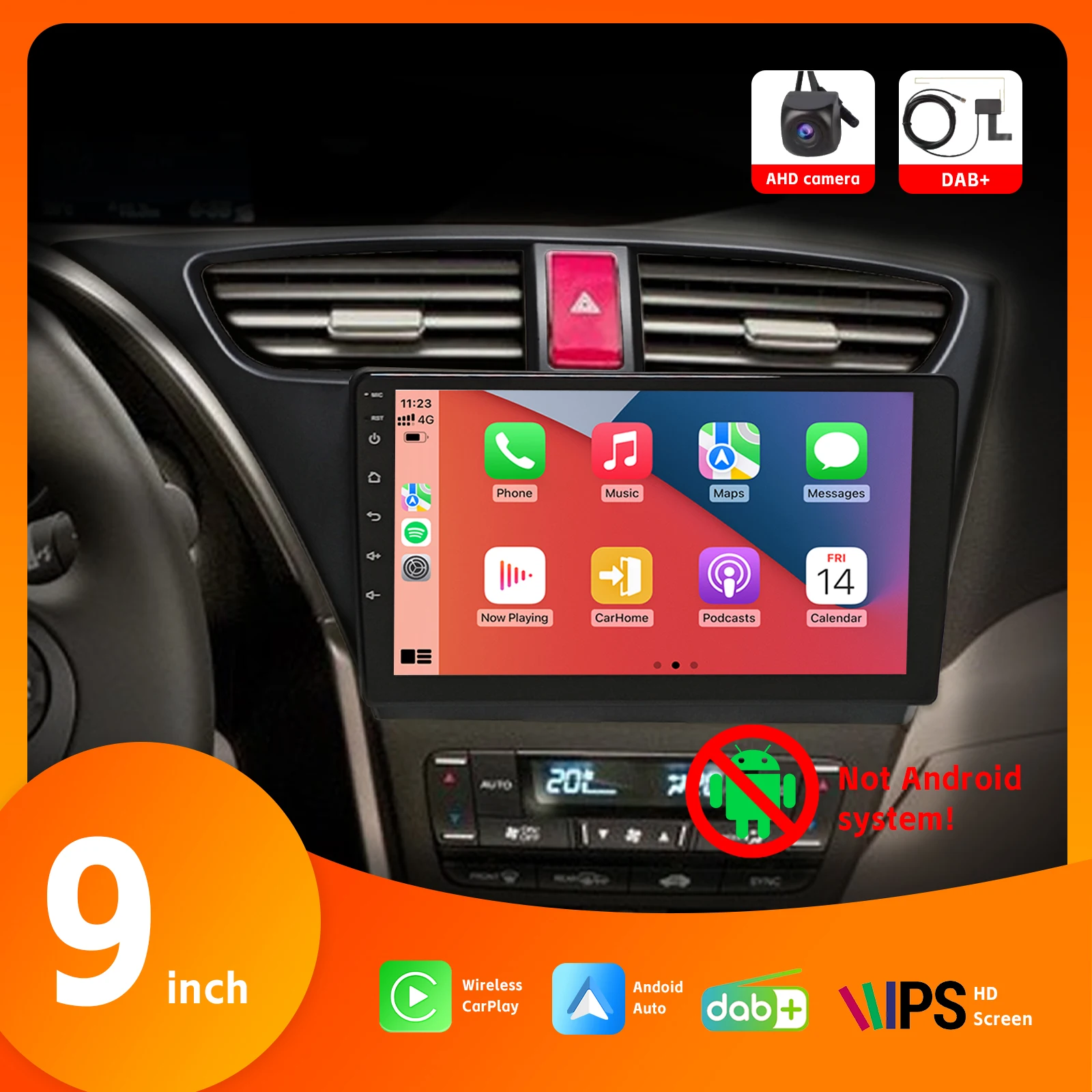 

9" Car Radio with DAB+ AHD Rear View Camera Wireless Carplay Android Auto HD IPS Touch Screen Bluetooth for Honda Civic 2012