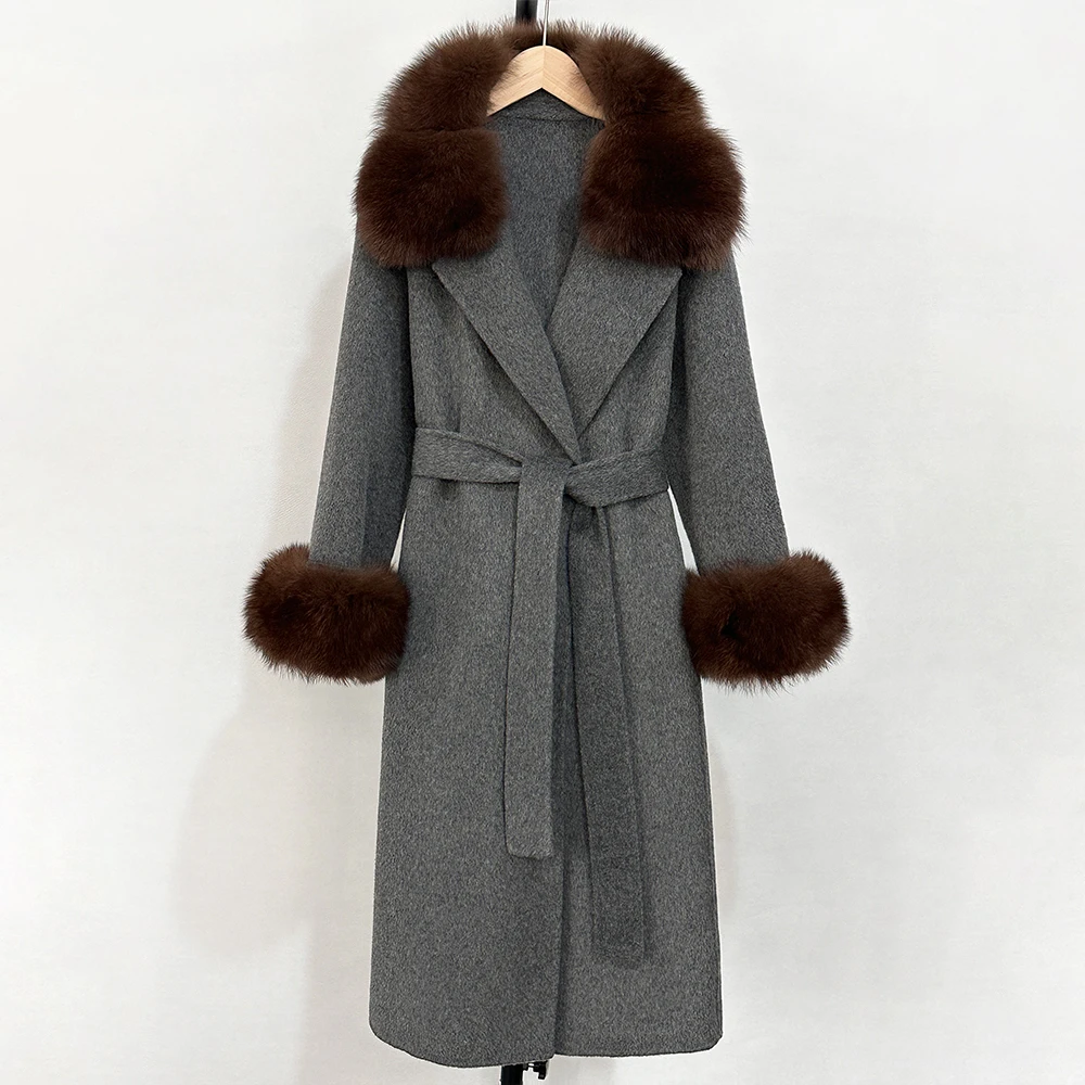 الواقع معطف الفرو الإناث ريال الثعلب الفراء طوق جديد الخريف الصوف مزيج معطف أزياء الشتاء الدافئ الوجهين الكشمير الصوفية سترة
