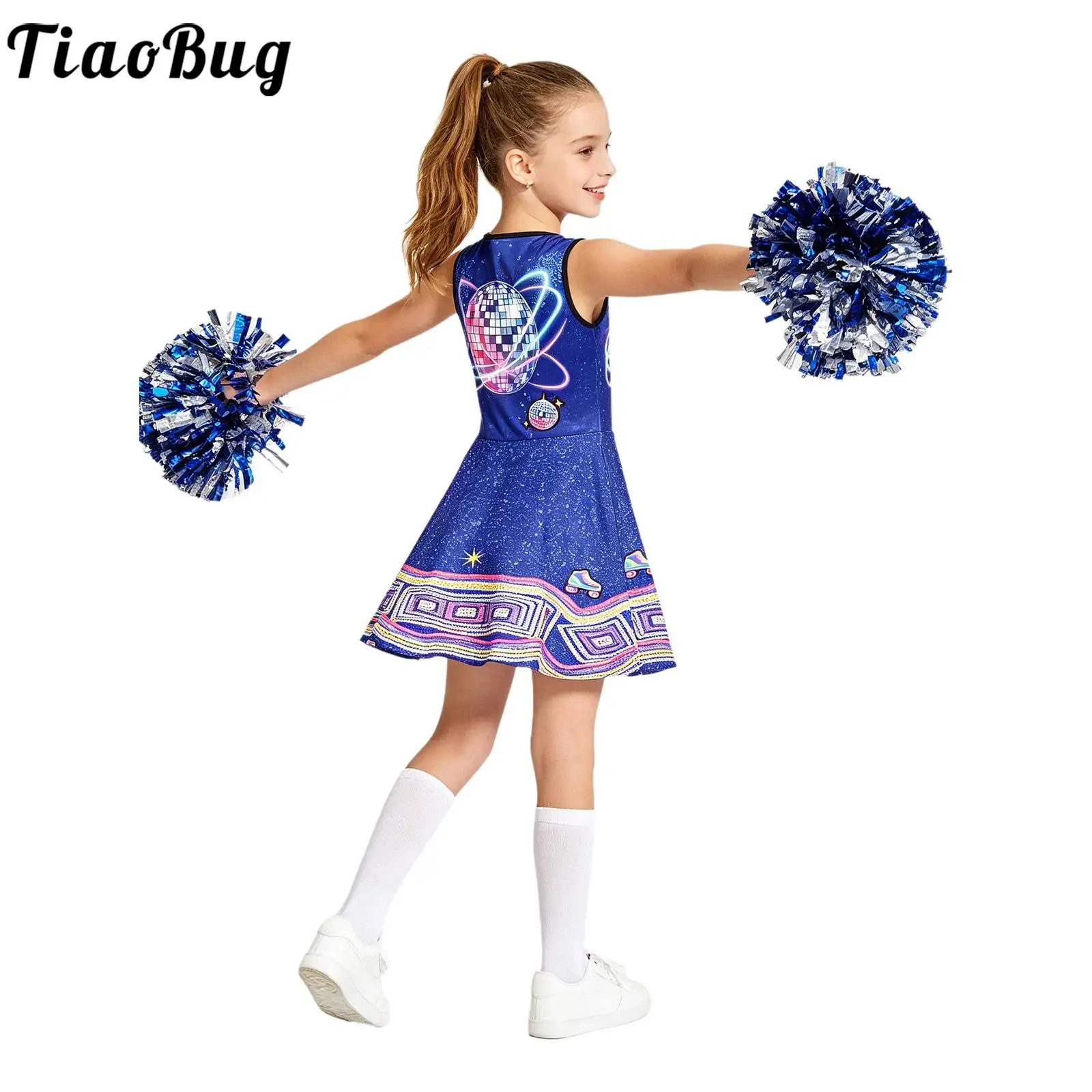 Children Girls Cheerleading Uniform School Girl Cheerleader Cosplay Costume Sleeveless Color Block Printed Cheer Dance Dress