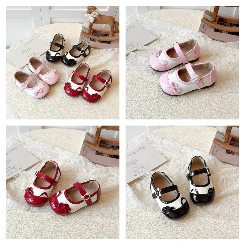 

Girls Leather Shoes 1-8 Years Old Red Bow Little Girl Princess Shoes Pink Soft Non-slip Children Walking Shoes Baby Single Shoes