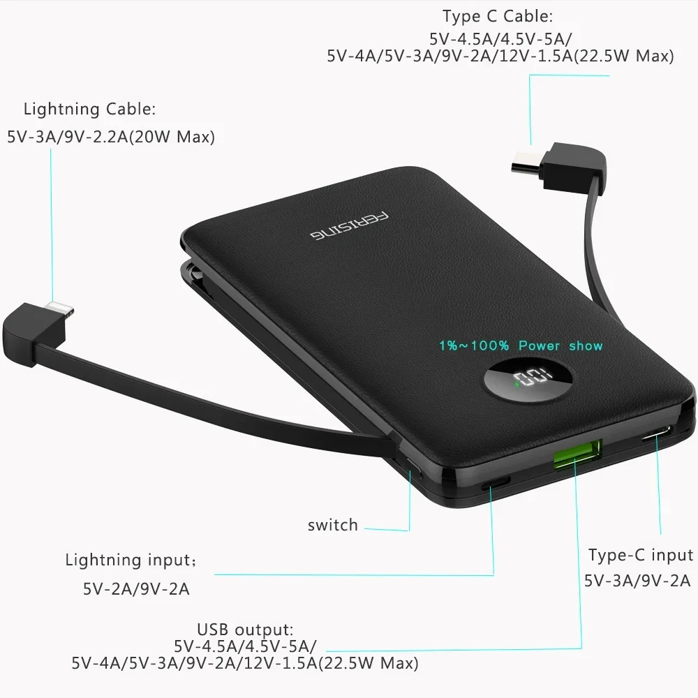 FERISING Built-in Cable Power bank 4A 5A VOOC Charger 10000mAh Portable Battery PD 20W/22.5W Powerbank for Oneplus 7 8 9 10 11 t