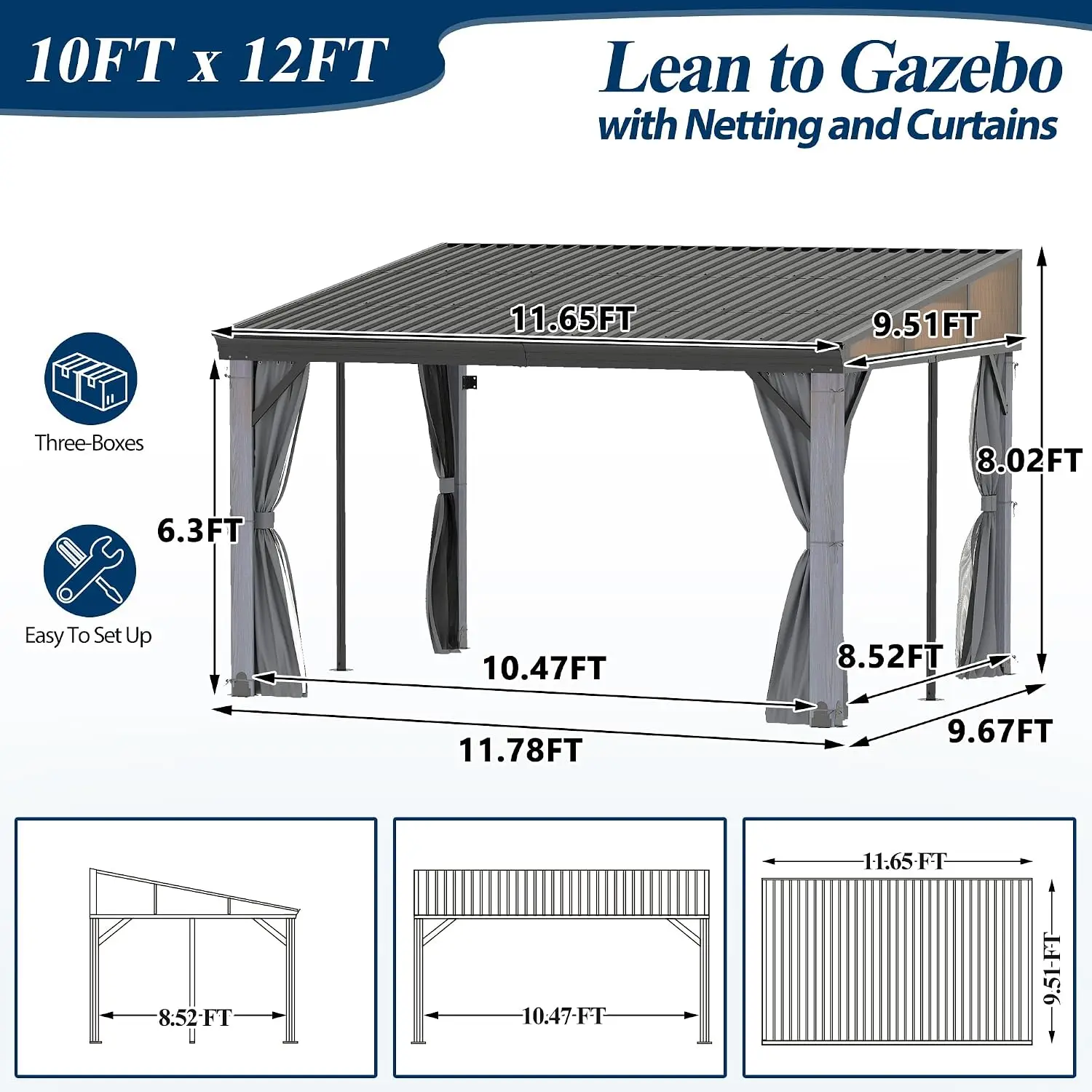 10' x 12' Outdoor Wood Lean to Gazebo on Clearance‌ | Wall-Mounted Hardtop Gazebos Pergola with Sloping Metal Roof,, Customized