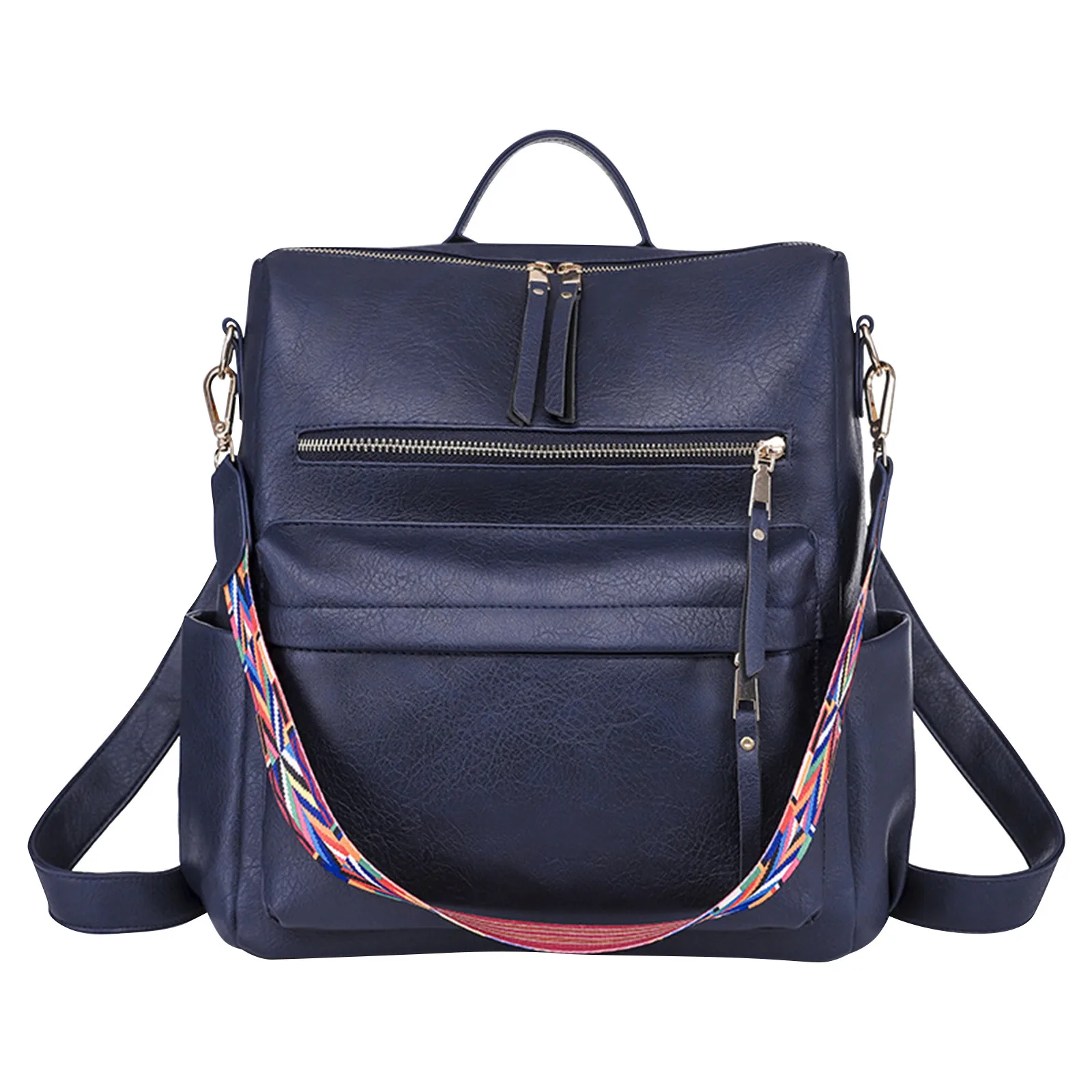 Plain Demin Backpack Women\'s Fashion Handle Multi Zipper Pocket Messenger Bag large capacity Knapsack Outdoor Causal Hobos