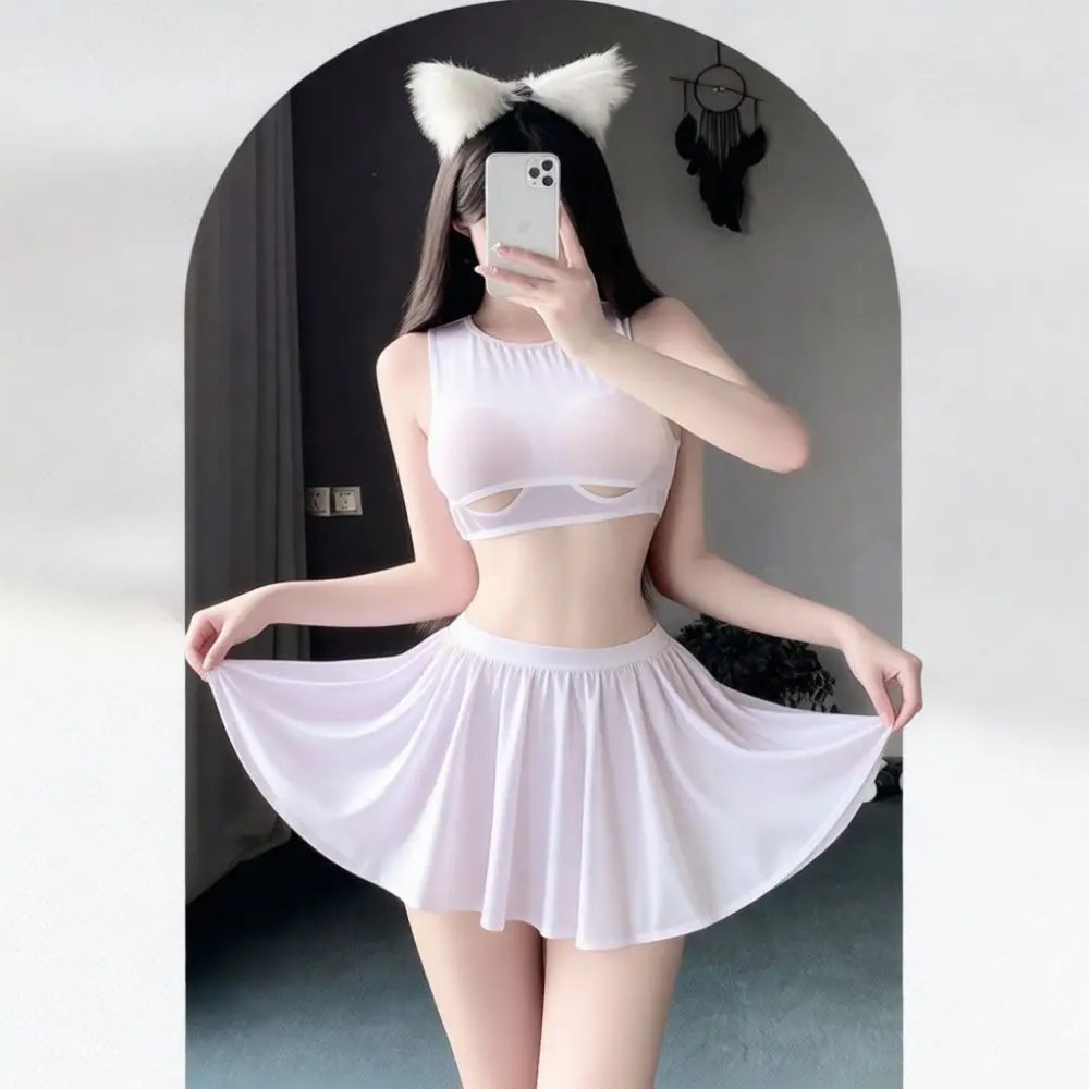 Hollow Out Women Pajamas Set Sexy Mini Skirt Nightwear Cute Role Play Costume Uniform Outfit Comfy Breathable Lingerie