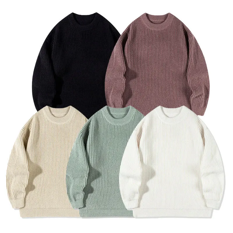 Heavy-duty thick needle stitch texture pullover for men 2025 new style pure color loose round neck knitted jacket Asian size