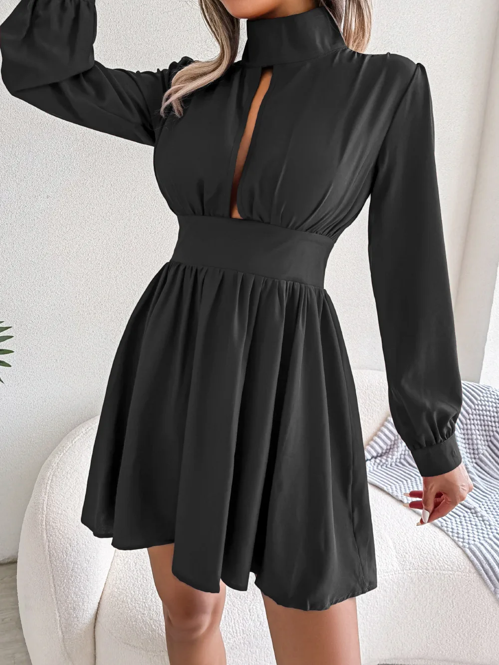 FullSpark Women Long Sleeve Autumn Dress Solid Color Mock Neck Cut Out Pleated Dress Female 90s Casual Fairy Vintage New Dresses