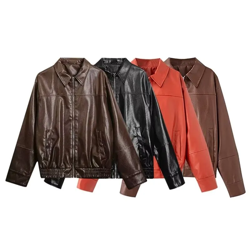 

TRAF Women Leather Short Jacket With Zipper Fashion Autumn Pocket Decoration Women's Jacket Casual Simple Jacket