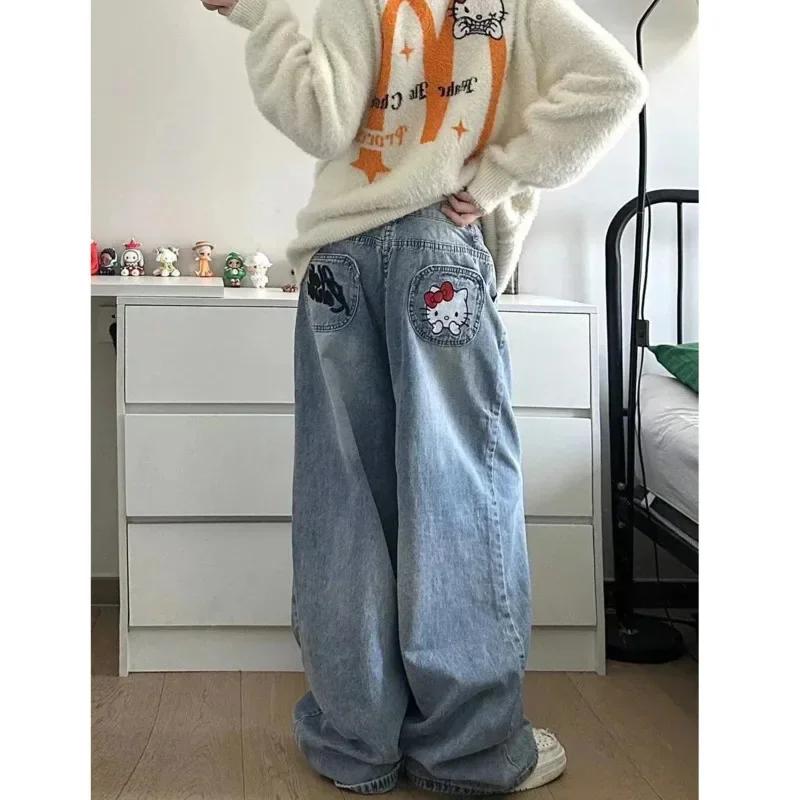 Hello Kitty Sanrio Y2k Denim Pants Retro Letter Embroidery Jeans High Waist Loose Wide Leg Trousers High Street Pants For Women