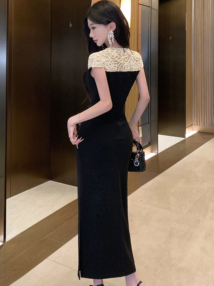 2025 preto retalhos branco jacquard lantejoulas vestido longo feminino coreano vintage vestido de uma peça verão elegante bodycon vestido de noite