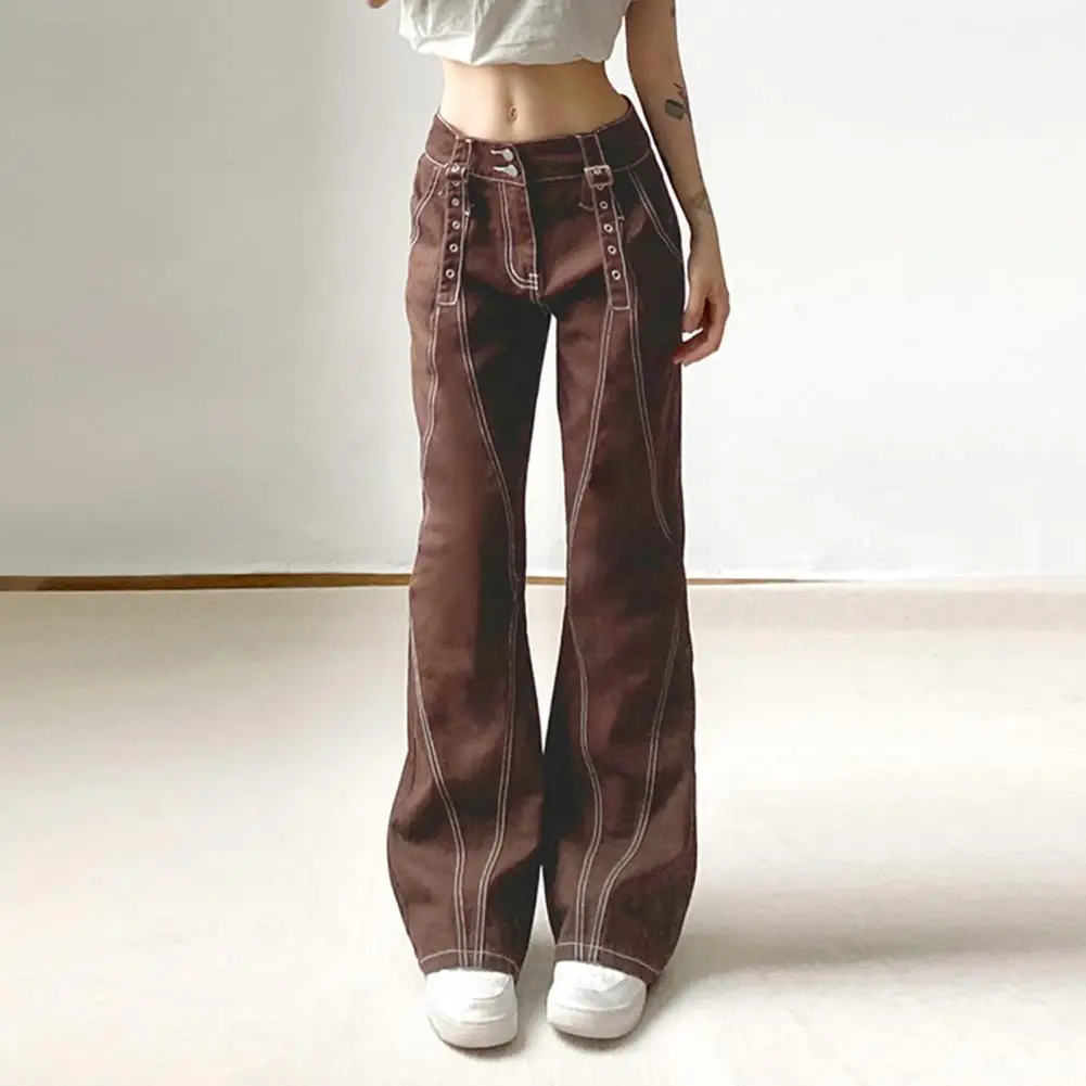 Women's Vintage Chic Brown Low Waisted Flared Jeans Stitched Streetwear Grunge Denim Trousers Korean Boot Cut Pants Slim