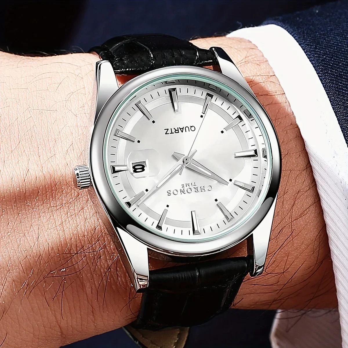 ساعة يد كرونوس كلاسيكية للرجال كوارتز مع تقويم مضيئة وحزام جلدي كاجوال للعمل والترفيه والساعات الرياضية الخارجية #5
