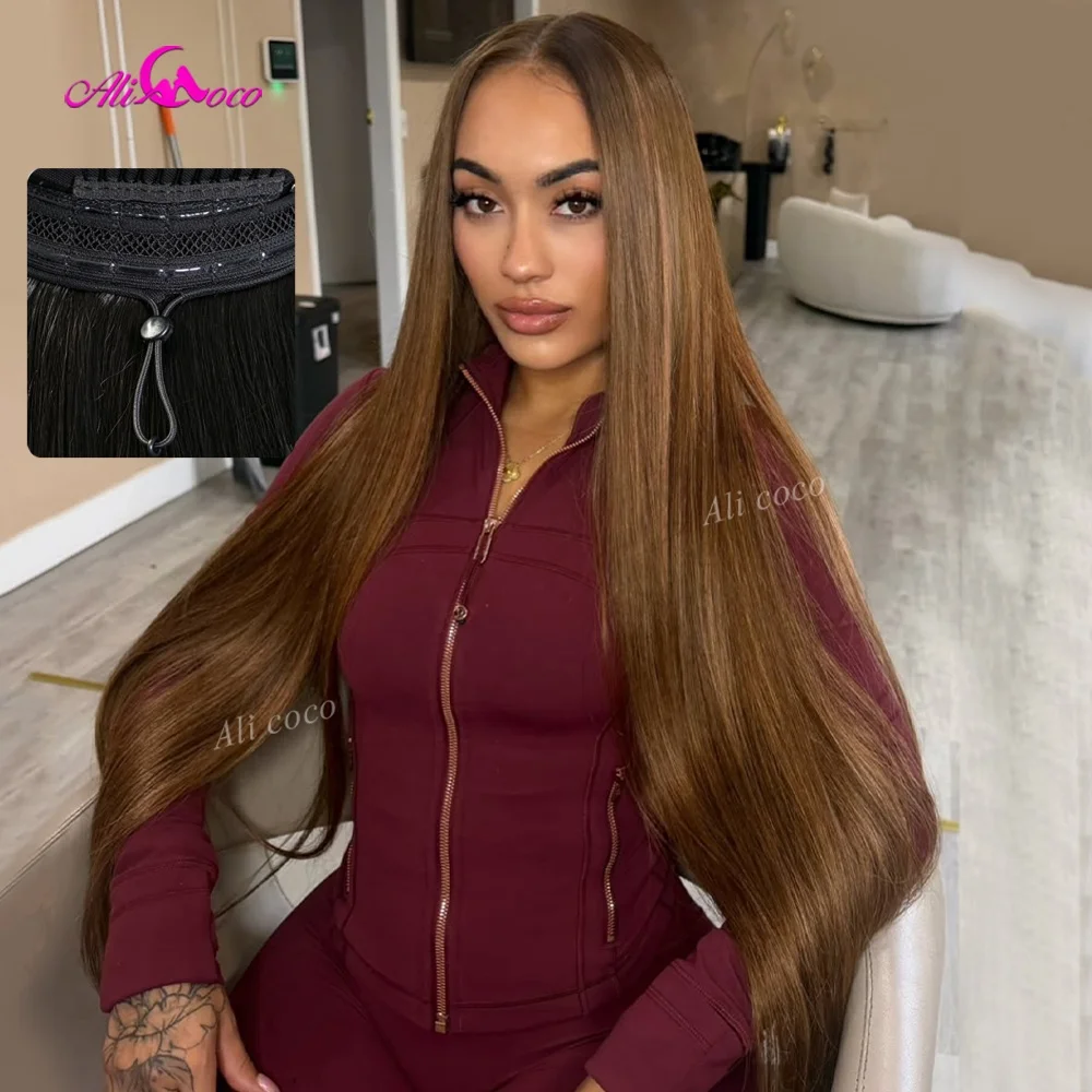 32 Inch Highlight Brown Drawstring Brown Root Pre-cut Wigs Lace Front Real Human Hair 200 Density Glueless Invisible HD Straight