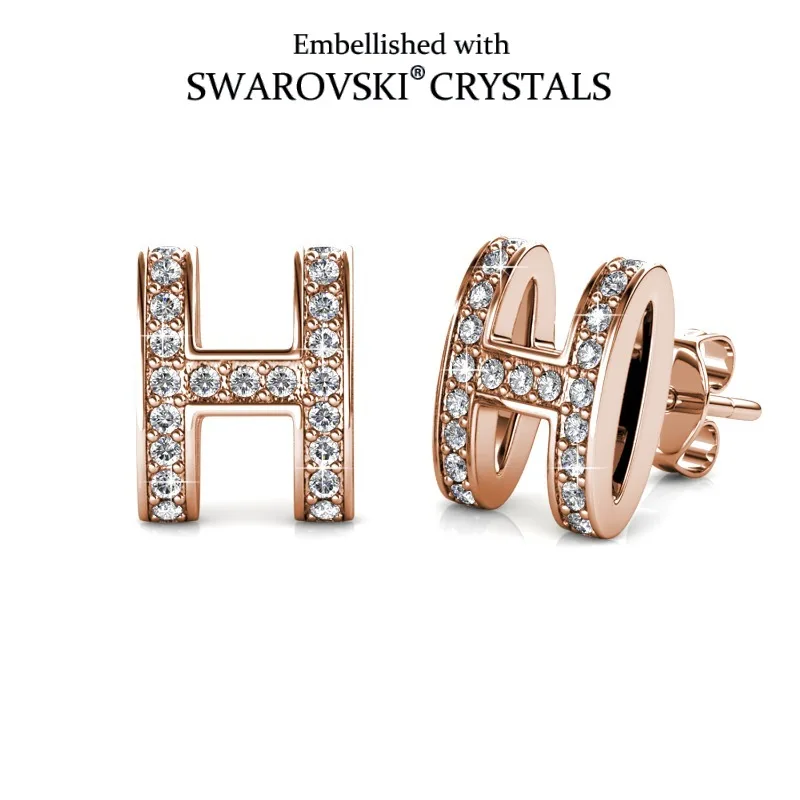 

Daisini 925 Sterling Silver H-letter Stud Earrings Embellished with Swarovski Crystals for Women Men Fine 18k Gold Plated Jewels