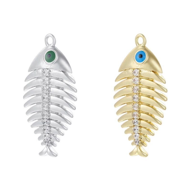 Fish Bone Skeleton Charms, 18K Gold Plated Zircon Enamel Eye Pendants for DIY Jewelry Making:VD2453