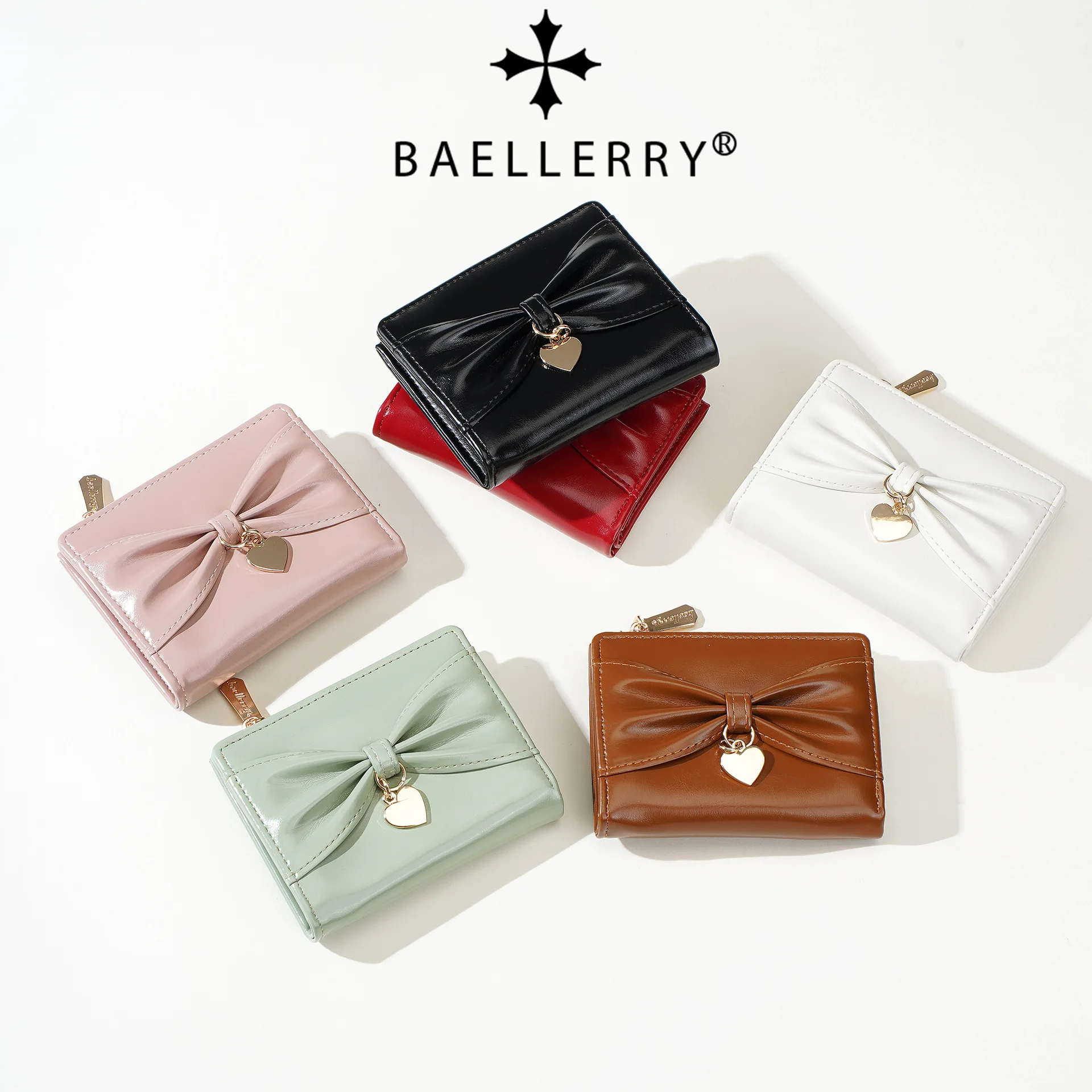 Kawaii Bow Heart Charm Women Short Wallet BAELLERRY PU Leather Multi Card Slots Bifold Purse Zipper Coin Pocket Small Female Wal
