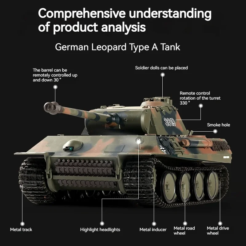 Henglong3819 German Leopard Style Remote Control Tank Toy Metal Material Bb Bullet Launching Large Military Vehicle Model Toy