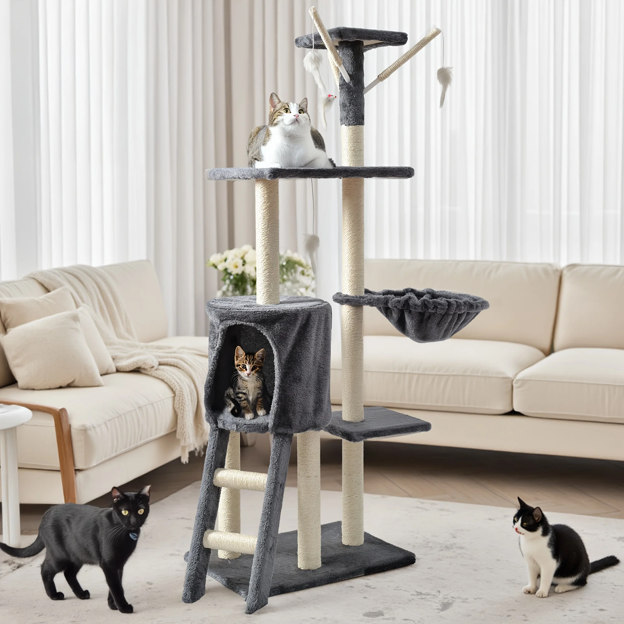 

Просторная многоуровневая лежанка-когтеточка для кошек с уютными спальнями, домиком, когтеточкой из сизаля и дразнилкой-удочкой. Идеально для Аль.