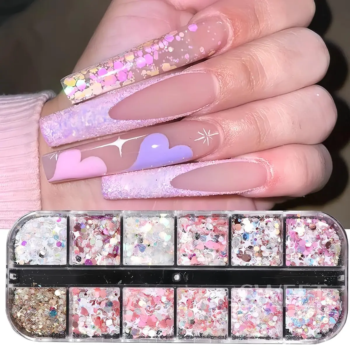 12 Gitter rosa Glitzer Herz Stern Nägel Pailletten 3D holographische Sechseck Bling Liebe Kreuz Stern Nagel Flocken gemischt Weihnachten Nagel Pailletten