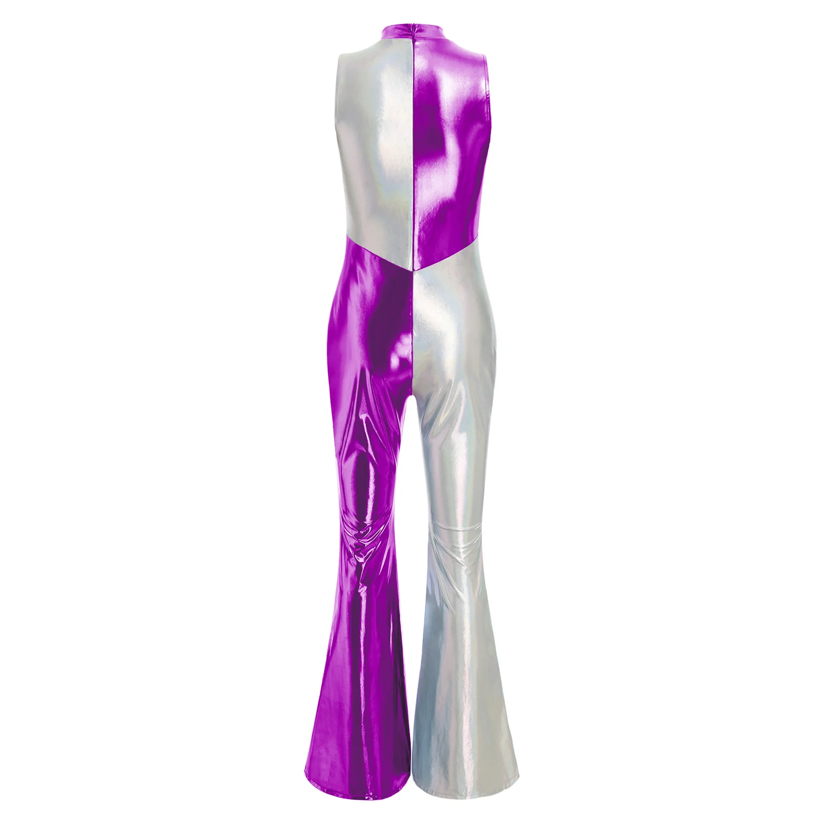Jumpsuit Pertunjukan Tari Hippie Disko 1980S Mode Bodysuit Slim Fit Metalik Wanita untuk Pakaian Dansa Jazz Pesta Klub Disko 70S