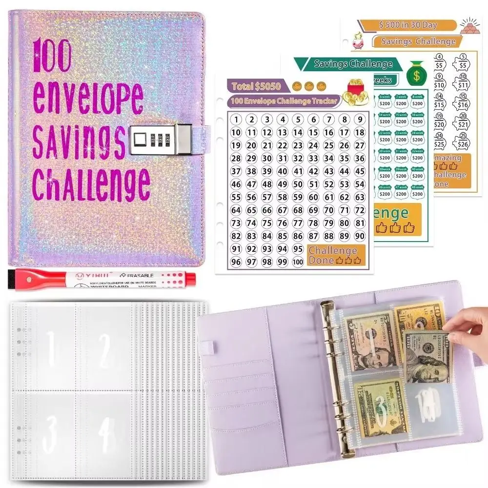

Cash Envelopes Money Saving Binder Password Lock Colorful Savings Challenges Book Laser Cover Durable Envelope Savings Challenge